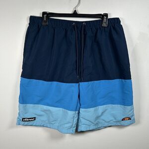 Ellesse Swim Trunks Men’s XL Blue Striped Color Block 8” Inseam Pocket Shorts